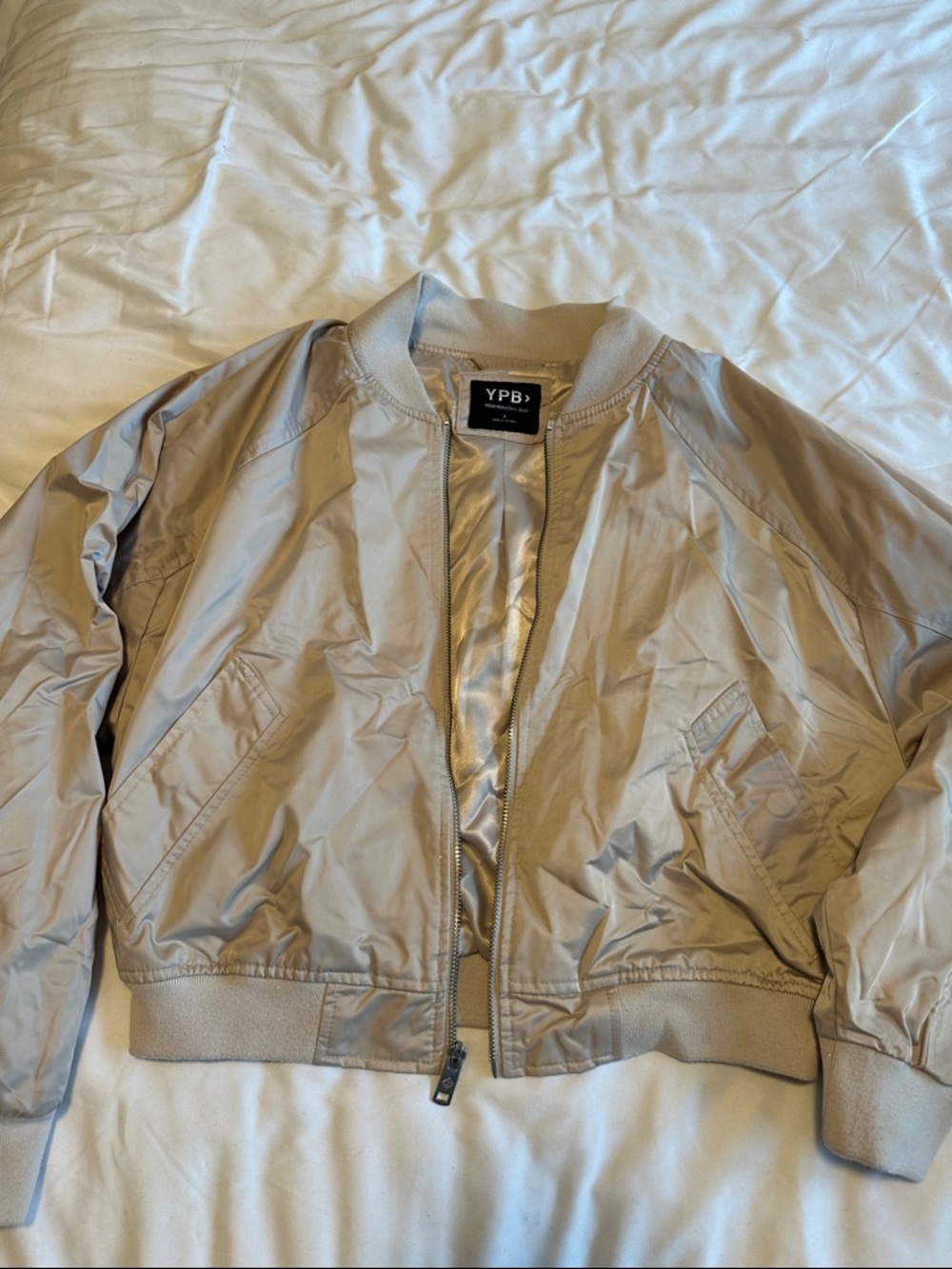 YPB Recycled Satin Bomber Jacket in Light Taupe
